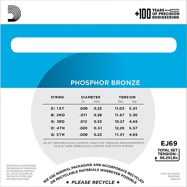 D'Addario EJ69 Phosphor Bronze Light 5-String Banjo Strings (9-20)